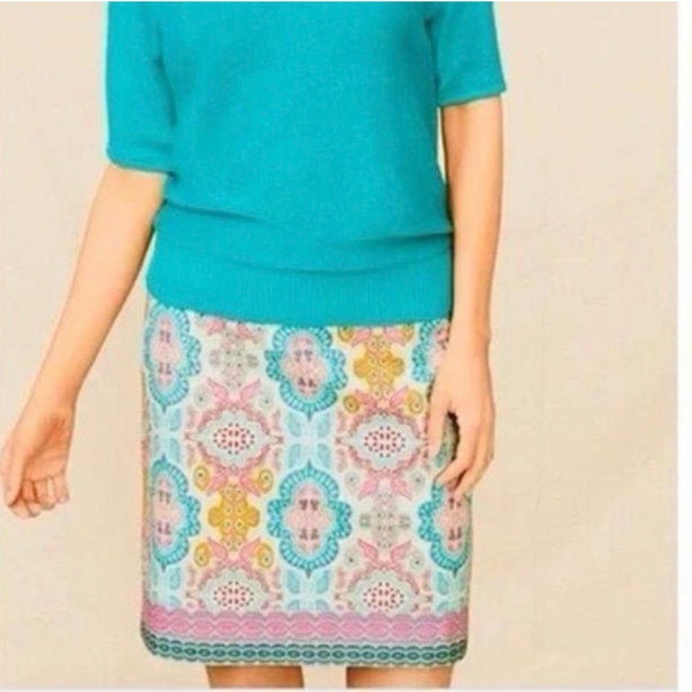 Talbots Size 14 Pastel Pink Turquoise Paisley Cotton Blend Mini Skirt